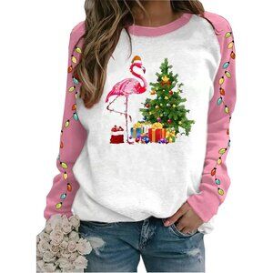Women Christmas Flamingo Sweatshirt Cotton Blend Long Sleeve Casual Top